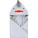Hooded shark towel for babies features a soft gray design with a smiling face and red teeth, ideal for post-bath use.