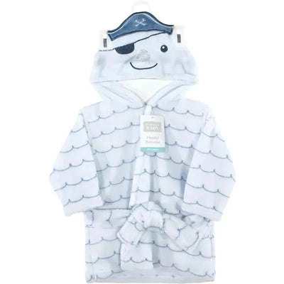 Unisex baby plush bathrobe with a narwhal design, featuring a smiling face and a hood with a denim accent.