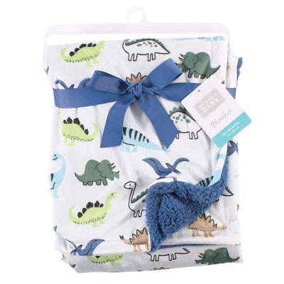 Unisex Baby Plush Mink and Sherpa Blanket featuring colorful dinosaur patterns, secured with a blue ribbon.