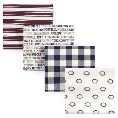 Flannel receiving blankets, 30x30 inches, in four playful football-themed patterns including stripes and prints.