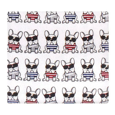 Flannel receiving blanket featuring a repeating pattern of French bulldogs wearing sunglasses and striped shirts.