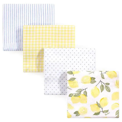 Unisex baby cotton flannel receiving blankets featuring blue stripes, yellow gingham, white with gray polka dots, and lemon print.