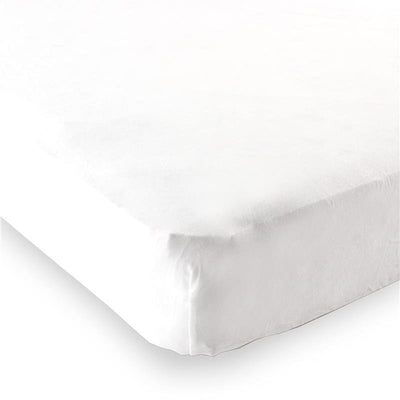 Fitted playard sheet in white, designed for infants, showing smooth surface and snug fit corners.