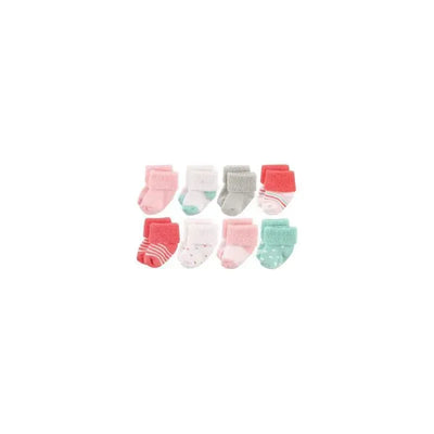 Set of eight unisex baby socks in coral, gray, and pastel colors, suitable for newborns 0-6 months, featuring various patterns.