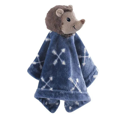 Hedgehog-shaped security blanket with a soft blue fabric featuring arrow patterns, designed for babies.
