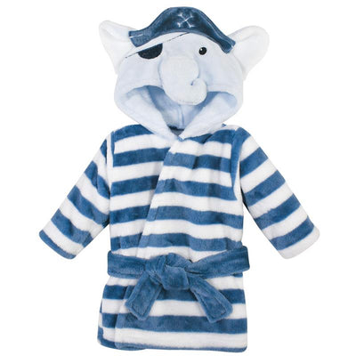 Unisex baby bathrobe featuring a pirate elephant design with a hood, navy and white striped pattern, and a tie belt.