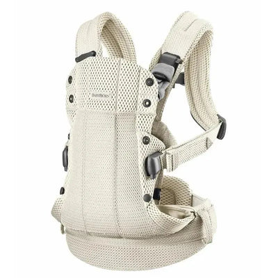BabyBjorn Baby Carrier Harmony in cream color made of breathable 3D mesh, featuring adjustable straps and secure buckles.