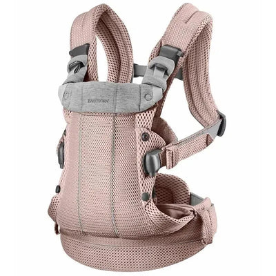 BabyBjorn Baby Carrier Harmony in dusty pink, featuring breathable 3D mesh, adjustable straps, and ergonomic design for comfort.
