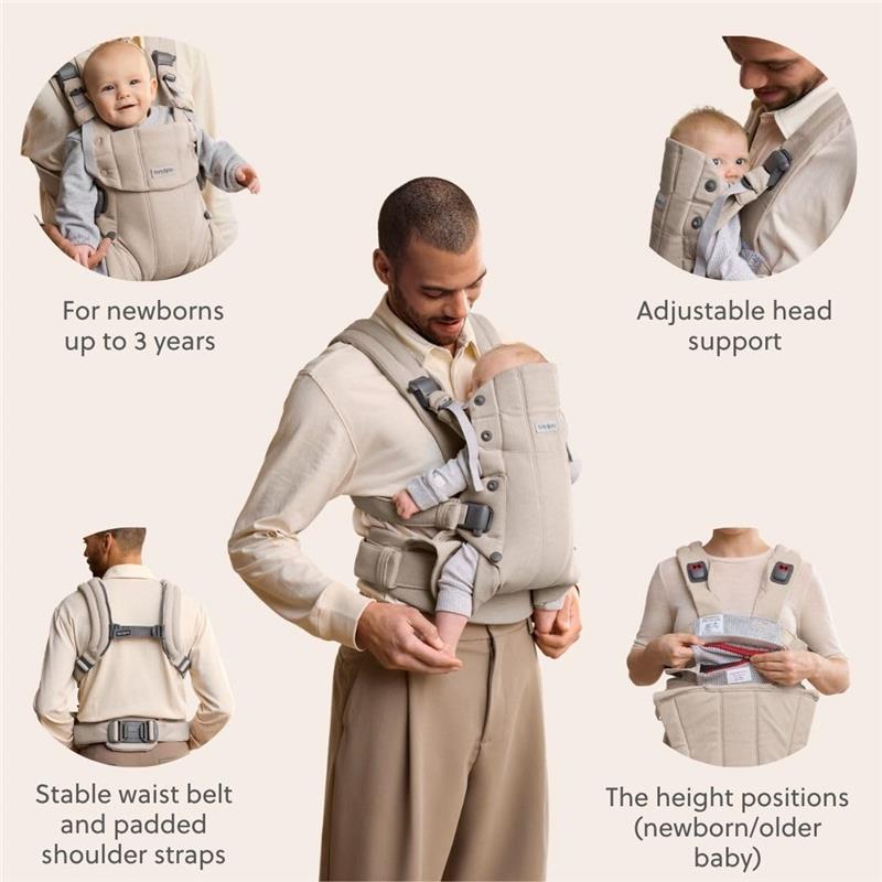 BabyBjörn Baby Carrier Harmony in Light Beige, featuring adjustable head support, stable waist belt, and padded shoulder straps, carrying a baby.