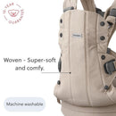 BabyBjörn Baby Carrier Harmony in Light Beige, featuring a soft woven fabric, machine washable, with a 10-year guarantee.