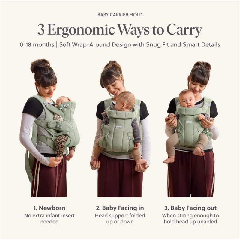 Babybjorn Baby Carrier Hold Mesh in black, showing three ergonomic carrying positions for infants aged 0-18 months.