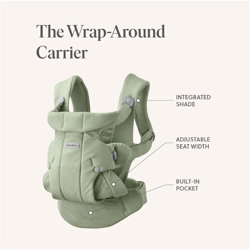 Babybjorn Baby Carrier Hold in Sand Gray features integrated shade, adjustable seat width, and a built-in pocket.