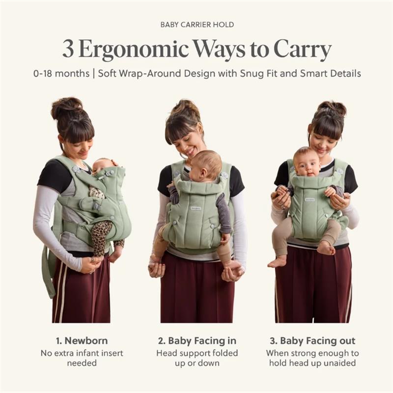 Babybjorn Baby Carrier in Sand Gray, showing a woman demonstrating three ergonomic carrying positions for infants.