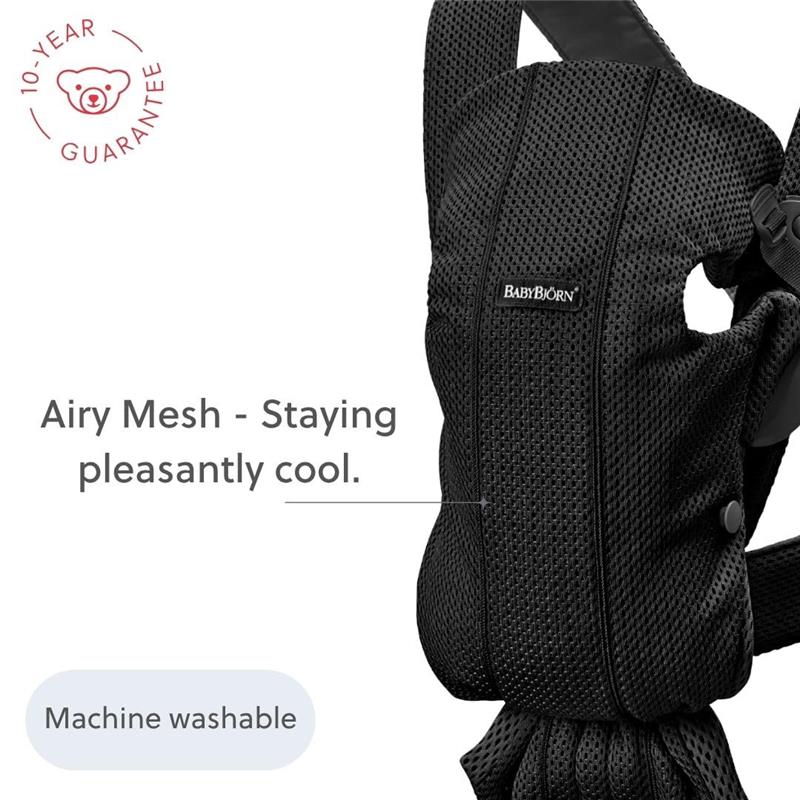 Babybjorn Baby Carrier Mini in black 3D mesh, featuring breathable material, machine washable label, and a 10-year guarantee.