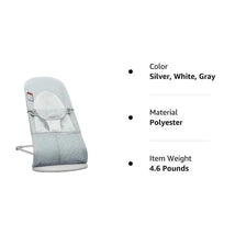 BabyBjorn Bouncer Balance Soft Mesh in silver and white, made of polyester, weighs 4.6 pounds, features a soft design.