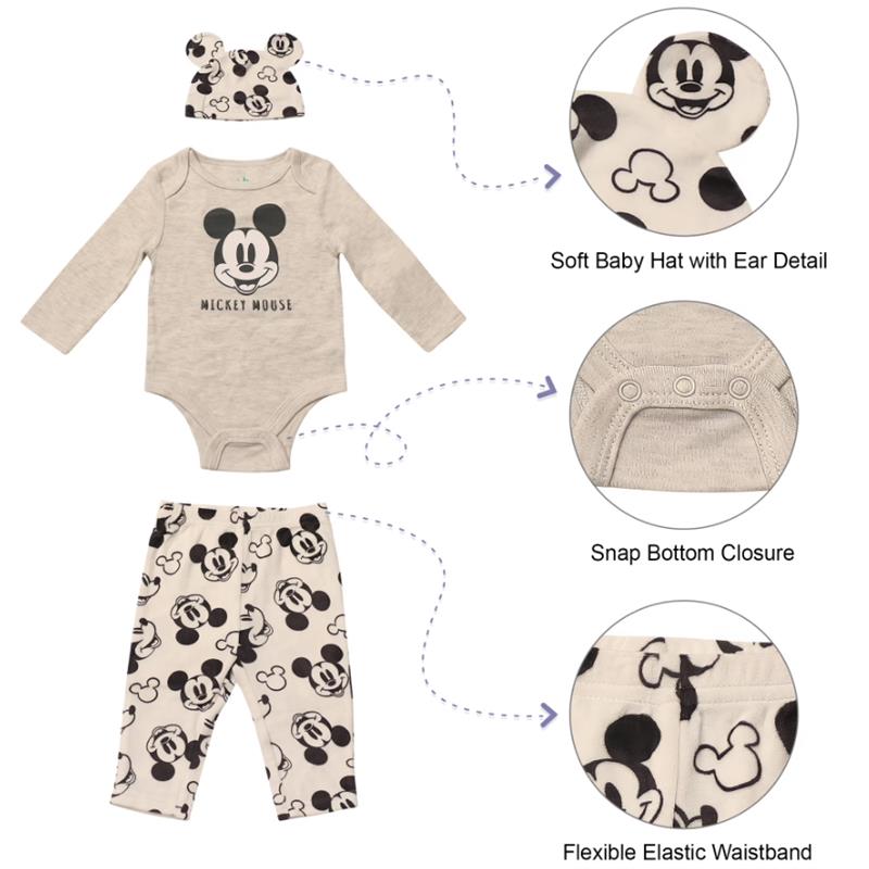 Babyfair 3Pk Disney Boy Bodysuit, Pants & Hat, Light Grey Mickey Image 3