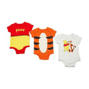 Three Disney-themed baby bodysuits featuring Winnie the Pooh, Tigger, and a Pooh design, showcasing vibrant colors and playful graphics.