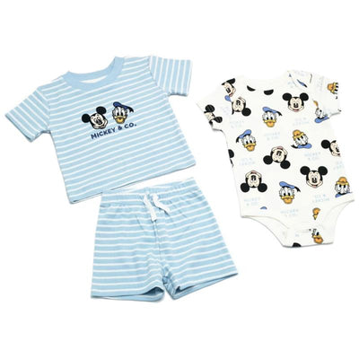 Blue Mickey-themed three-piece baby set including a striped shirt, shorts, and a patterned bodysuit.