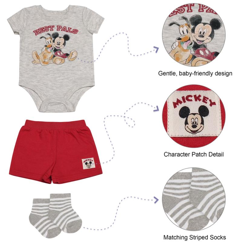 Babyfair 3Pk Disney Boy Shorts, Bodysuit & Socks, Light Grey Mickey Image 2