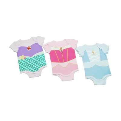 Three colorful Disney Princess bodysuits for girls, featuring Ariel, Aurora, and Cinderella designs with puff sleeves.