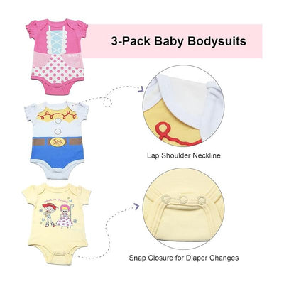 Three-pack of Disney girl bodysuits featuring themed designs, lap shoulder necklines, and snap closures for easy diaper changes.