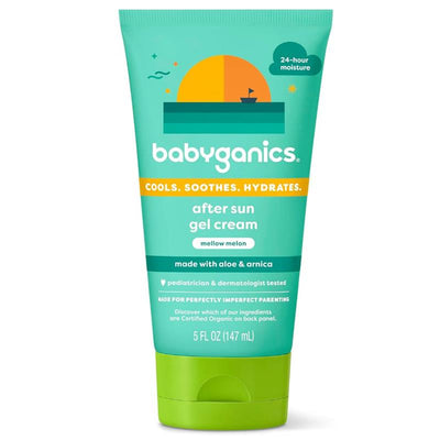 Babyganics After Sun Gel Cream in Mellow Melon, 5 oz tube, features a vibrant turquoise design with text highlighting cooling and hydrating benefits.