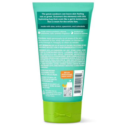 Babyganics After Sun Gel Cream in Mellow Melon, 5 oz tube, highlighting ingredients like aloe and arnica; directions for use on skin.