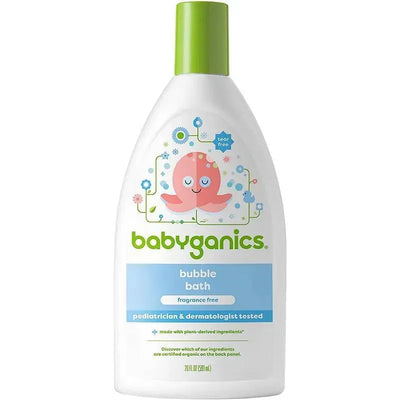 Babyganics bubble bath in a 20 oz bottle, non-allergenic and fragrance-free, featuring a playful octopus design and text highlights.