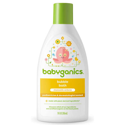 Babyganics Bubble Bath in Chamomile Verbena, 9 oz, features a tear-free formula, pediatrician tested, with a colorful octopus design.