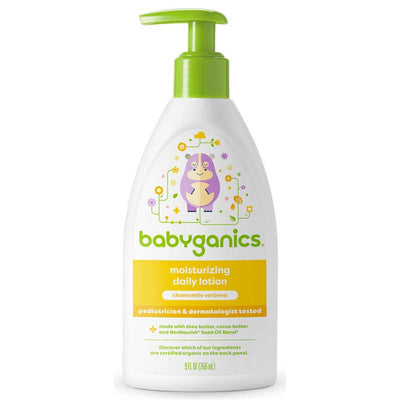 Babyganics Moisturizing Daily Lotion Chamomile Verbena in a 9 Oz pump bottle with pediatrician and dermatologist testing claims.