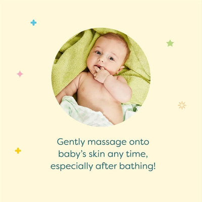 Moisturizing Daily Lotion Chamomile Verbena, featuring a baby sucking their finger, surrounded by a green towel.