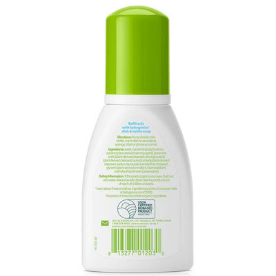Foaming Dish and Bottle Soap by Babyganics, 3.38 oz, fragrance-free bottle with green cap, ingredients and usage instructions visible.