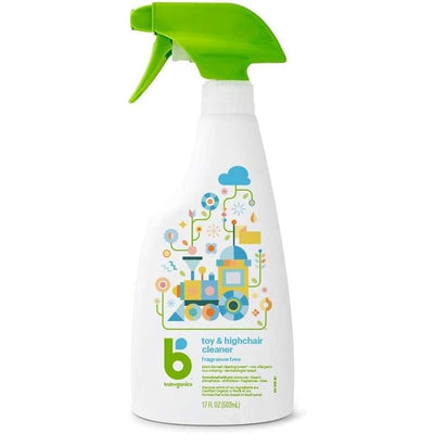 Babyganics Toy & Highchair Cleaner Spray, 17 oz, fragrance-free, featuring colorful graphic design of toys and flowers.