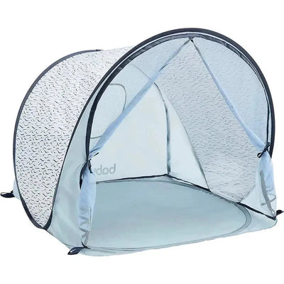 Blue UV tent designed for babies, featuring a mesh and solid fabric build with a UPF 50+ rating for sun protection.