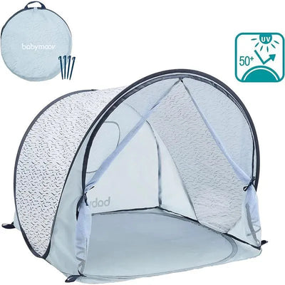 Babymoov Anti-UV Blue Waves Tent with UPF 50+ protection, featuring a mesh design and a carrying bag.