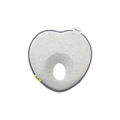 Heart-shaped baby cushion in smokey gray, featuring a central opening for head support.