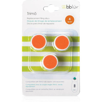 Replacement filing discs for the Bbluv Trimo nail clipper, three orange discs on a striped packaging, suitable for ages 12 months and up.