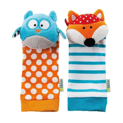 Duo foot finders featuring owl and fox designs; soft plush tops with orange polka dots and blue stripes.