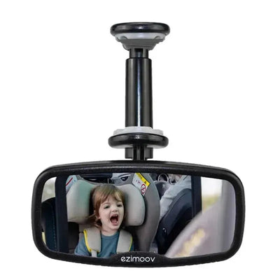 Clip-on baby rearview mirror displaying a child in a car seat, designed for parents to monitor their child while driving.