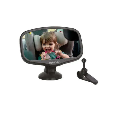 Bbluv Ezimoov Front Rear View Mirror displaying a smiling toddler in a car seat; designed for rear visibility.