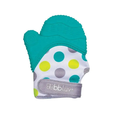 Teal silicone baby teething mitten with a polka dot fabric pattern, designed for soothing teething discomfort.