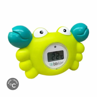 3-in-1 thermometer and bath toy designed as a green crab, featuring a digital display showing 22.2°C.