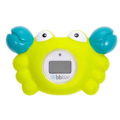 Kräb bath thermometer by Bbluv, shaped like a colorful crab, features a digital display for temperature readings in °C and °F.