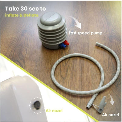 Inflatable air mattress pump with hose and nozzle, marked for quick inflation and deflation in 30 seconds.