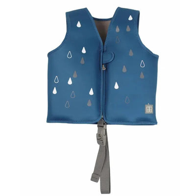 Navy swim vest for children with decorative water droplet patterns and a safety strap, designed for swimming assistance.