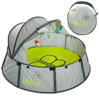 Bbluv Nidö travel and play tent features a fun canopy, UV protection, and hanging toys, with a foldable design for easy transportation.