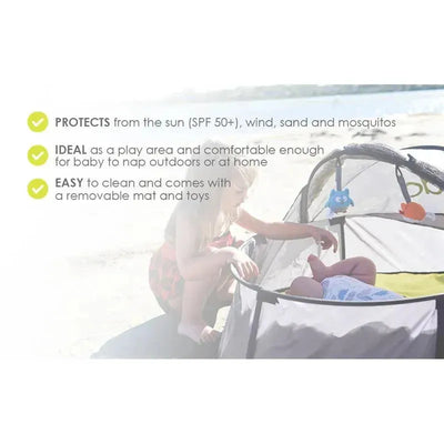 Bbluv Nidö 2 In 1 Travel & Play Tent with a child playing outside, highlighting its sun protection and play features.