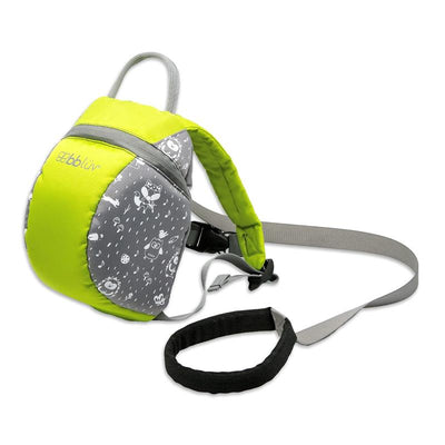 Toddler backpack in lime green with grey animal prints, featuring a rein and adjustable strap for safety.