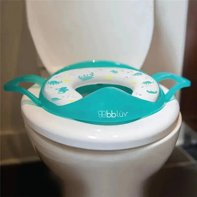 bbLüv Poti toilet seat for potty training, in aqua color with ocean-themed designs, placed on a standard toilet.