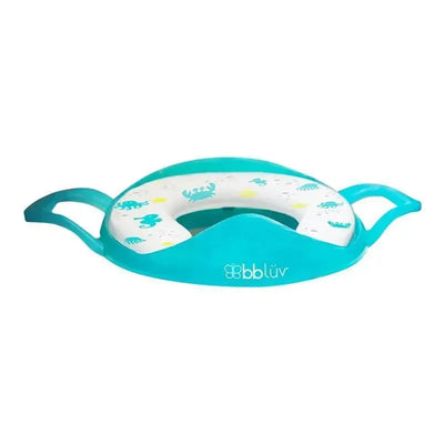 bbluv Poti toilet seat for potty training in aqua, featuring a removable inner ring with colorful aquatic designs and side handles.